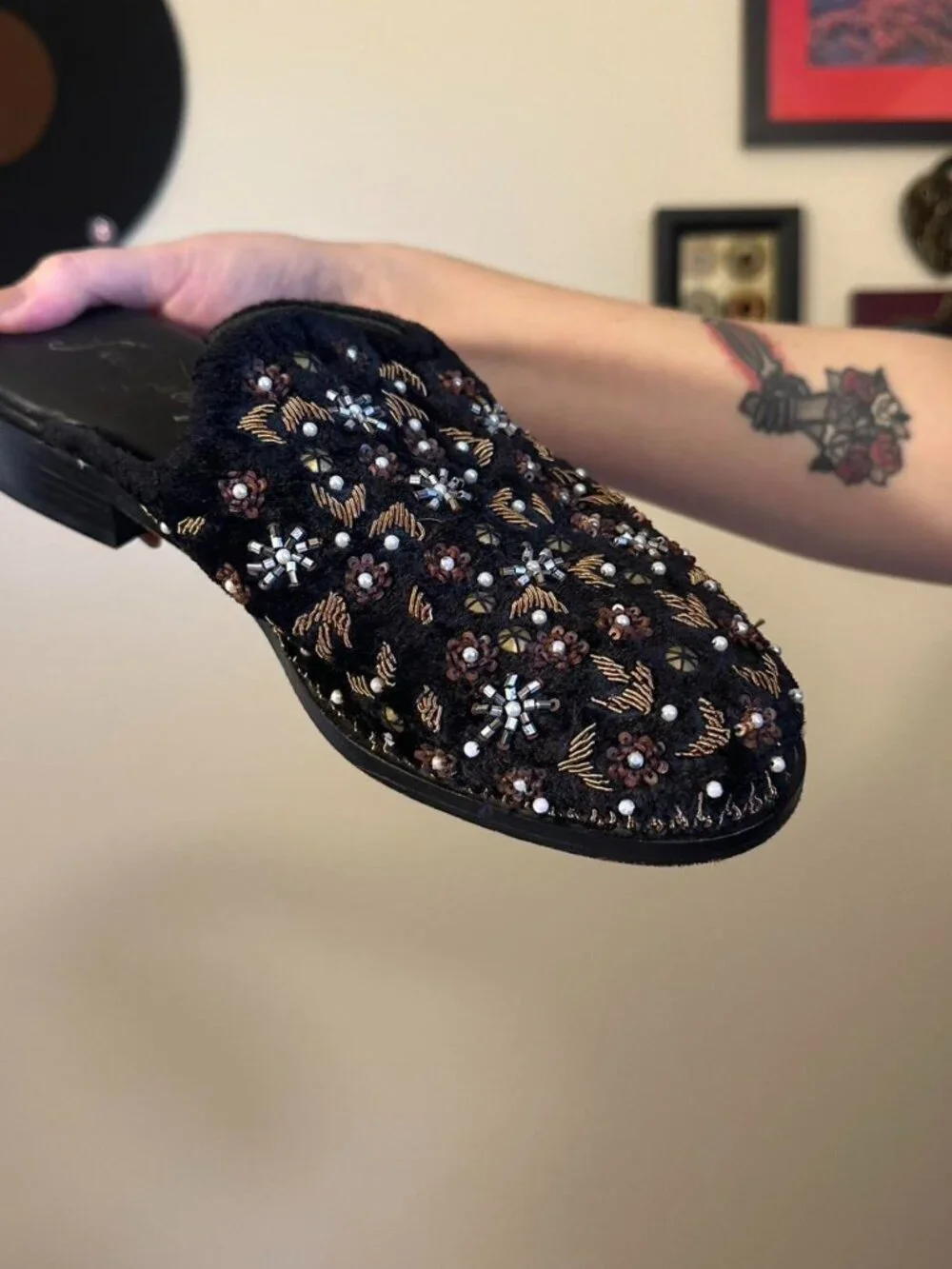 Free People Dark Blue Velvet Cosmic Loafer Mules